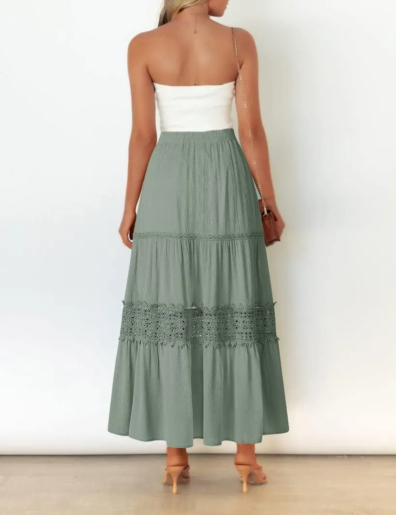 MEROKEETY Women's Boho Elastic High Waist Pleated A-line Ruffle Lace Trim Tiered Midi Maxi Skirt with Pockets
