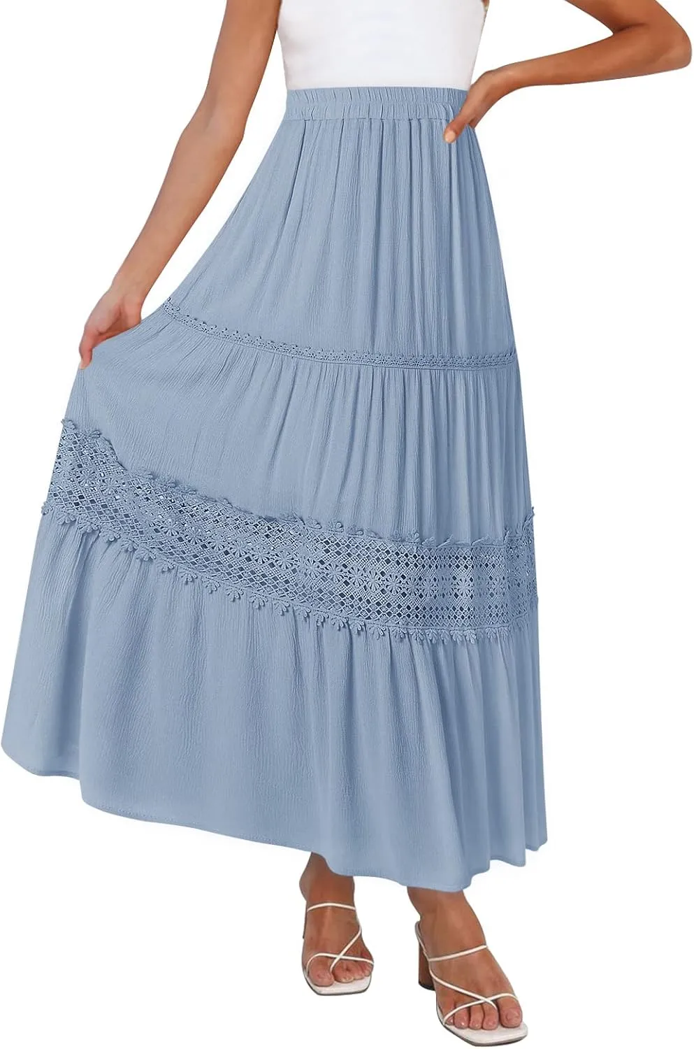 MEROKEETY Women's Boho Elastic High Waist Pleated A-line Ruffle Lace Trim Tiered Midi Maxi Skirt with Pockets