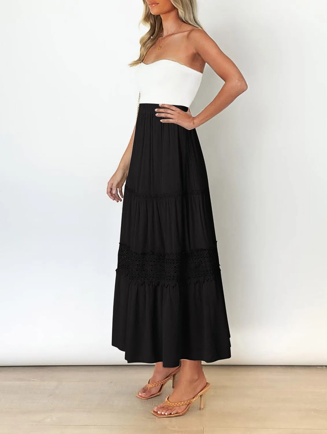 MEROKEETY Women's Boho Elastic High Waist Pleated A-line Ruffle Lace Trim Tiered Midi Maxi Skirt with Pockets