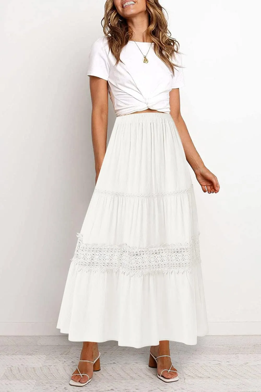 MEROKEETY Women's Boho Elastic High Waist Pleated A-line Ruffle Lace Trim Tiered Midi Maxi Skirt with Pockets
