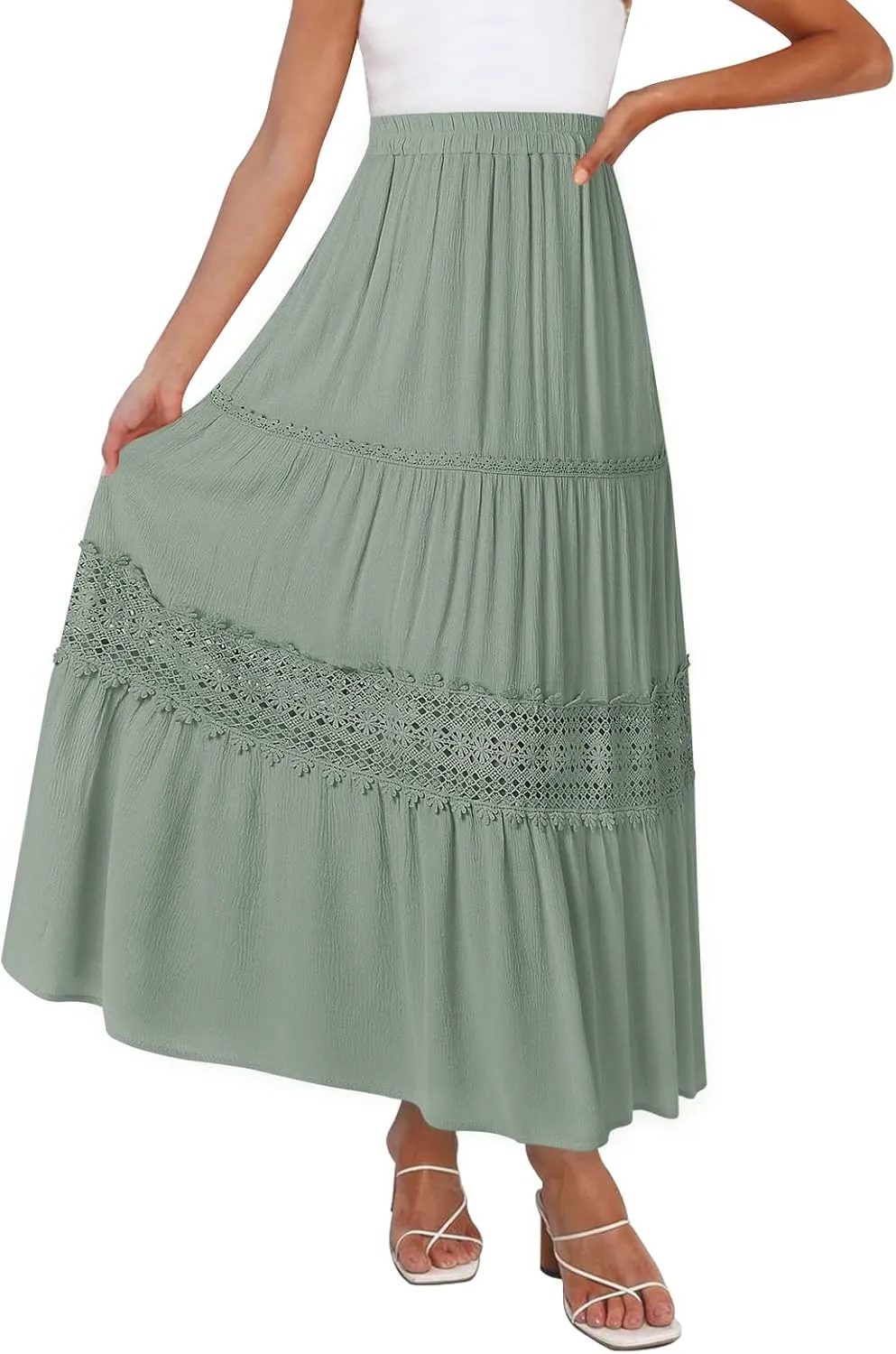 MEROKEETY Women's Boho Elastic High Waist Pleated A-line Ruffle Lace Trim Tiered Midi Maxi Skirt with Pockets