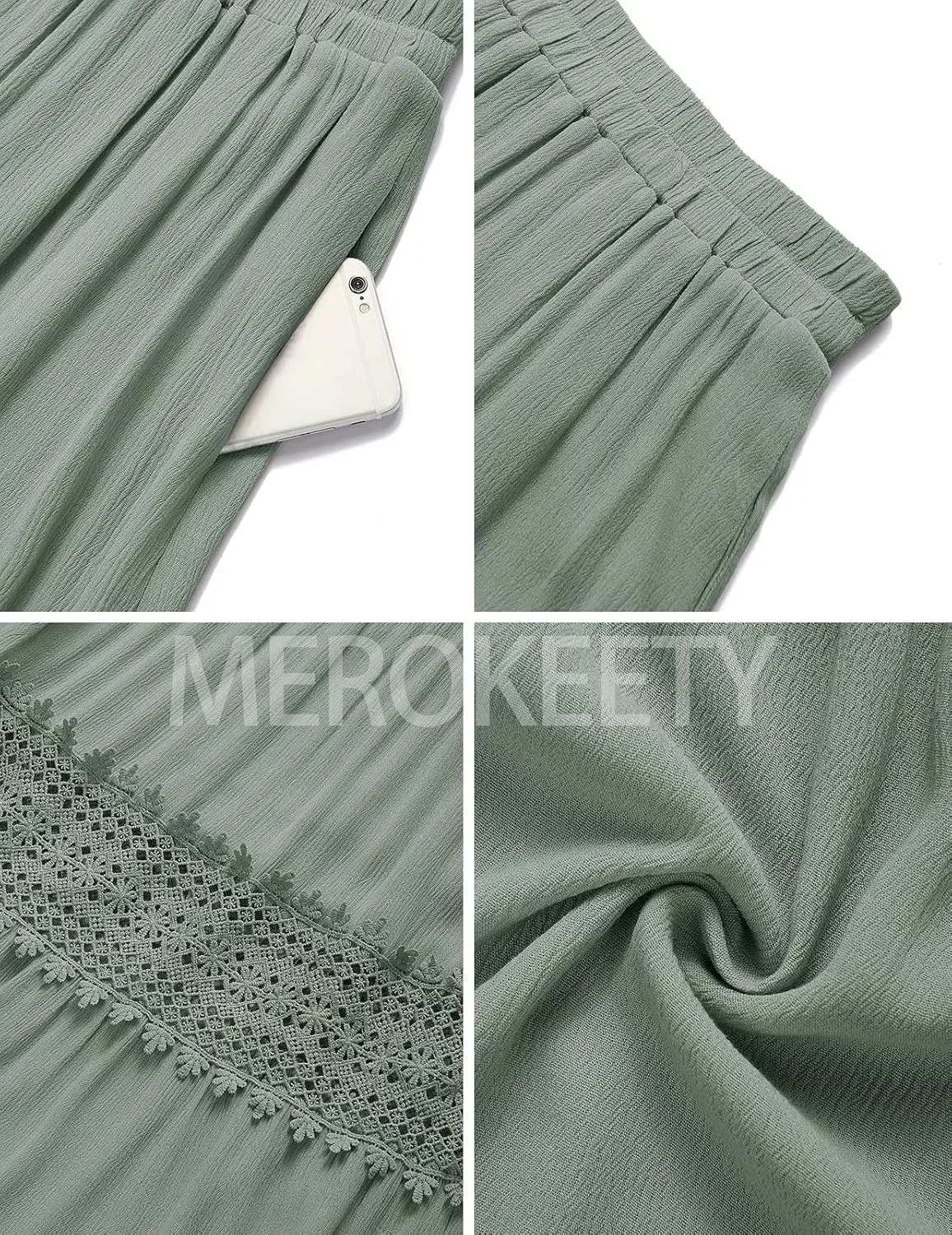 MEROKEETY Women's Boho Elastic High Waist Pleated A-line Ruffle Lace Trim Tiered Midi Maxi Skirt with Pockets