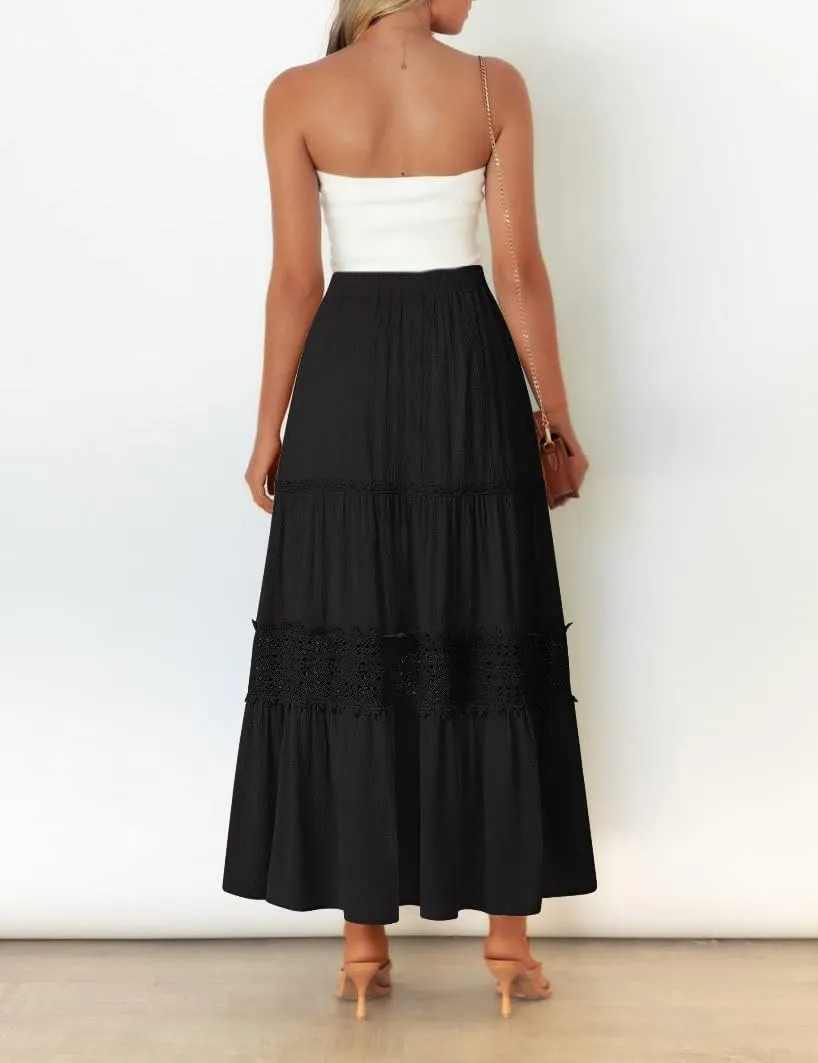MEROKEETY Women's Boho Elastic High Waist Pleated A-line Ruffle Lace Trim Tiered Midi Maxi Skirt with Pockets