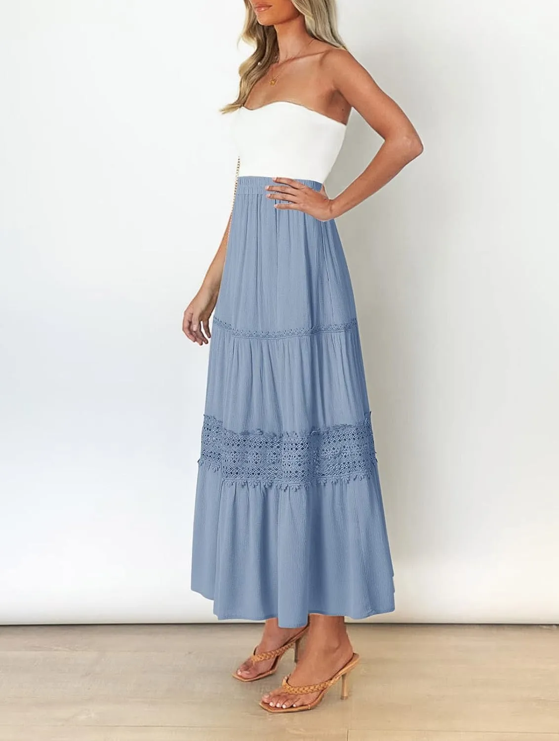 MEROKEETY Women's Boho Elastic High Waist Pleated A-line Ruffle Lace Trim Tiered Midi Maxi Skirt with Pockets