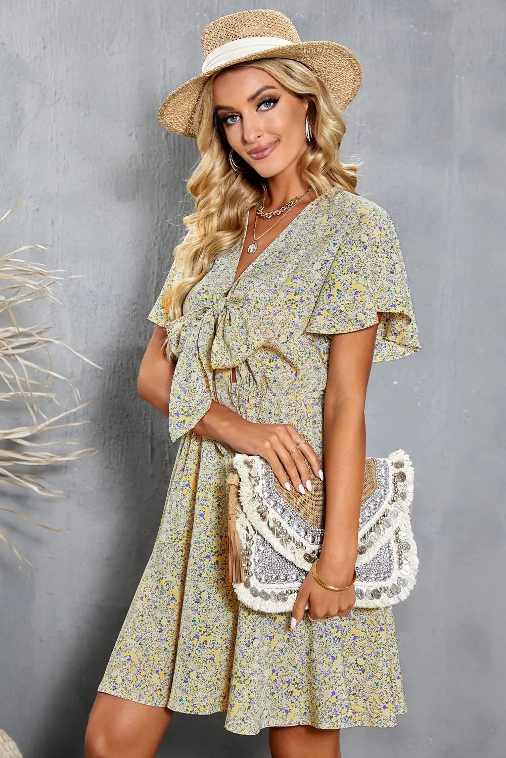 Meufam Women's Summer Wrap V Neck Polka Dot Print Ruffle Short Sleeve Mini Floral Dress with Belt