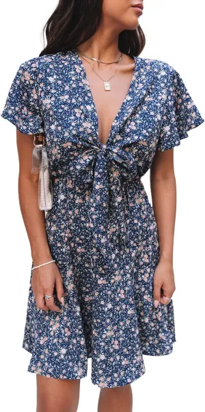 Meufam Women's Summer Wrap V Neck Polka Dot Print Ruffle Short Sleeve Mini Floral Dress with Belt