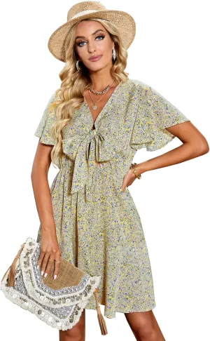 Meufam Women's Summer Wrap V Neck Polka Dot Print Ruffle Short Sleeve Mini Floral Dress with Belt