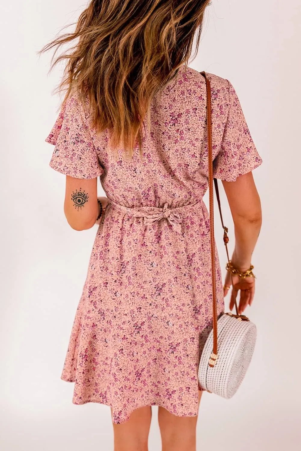 Meufam Women's Summer Wrap V Neck Polka Dot Print Ruffle Short Sleeve Mini Floral Dress with Belt