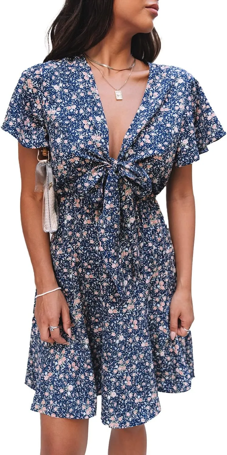 Meufam Women's Summer Wrap V Neck Polka Dot Print Ruffle Short Sleeve Mini Floral Dress with Belt