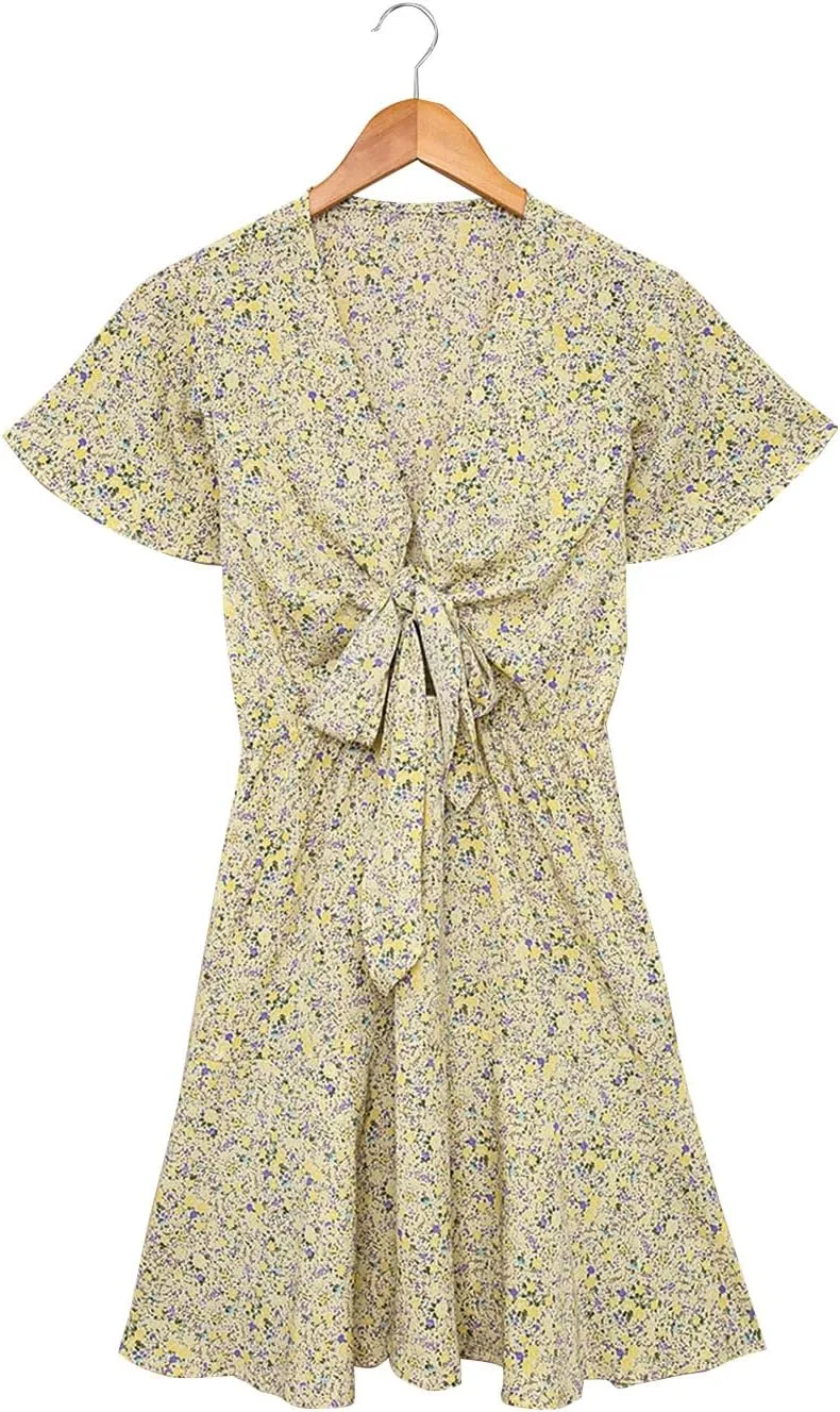 Meufam Women's Summer Wrap V Neck Polka Dot Print Ruffle Short Sleeve Mini Floral Dress with Belt