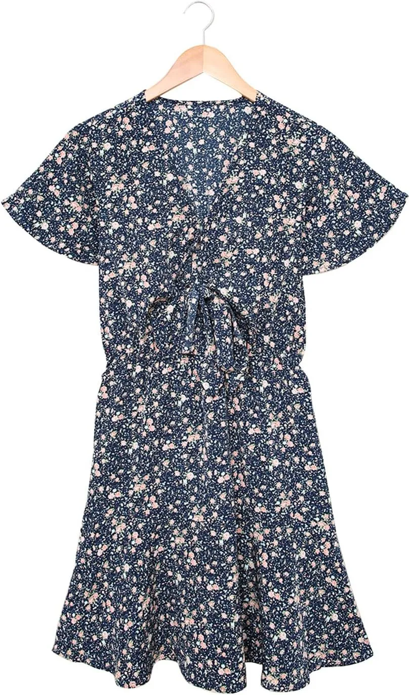Meufam Women's Summer Wrap V Neck Polka Dot Print Ruffle Short Sleeve Mini Floral Dress with Belt