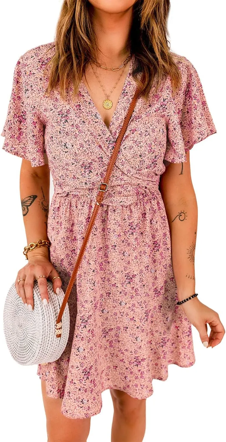 Meufam Women's Summer Wrap V Neck Polka Dot Print Ruffle Short Sleeve Mini Floral Dress with Belt