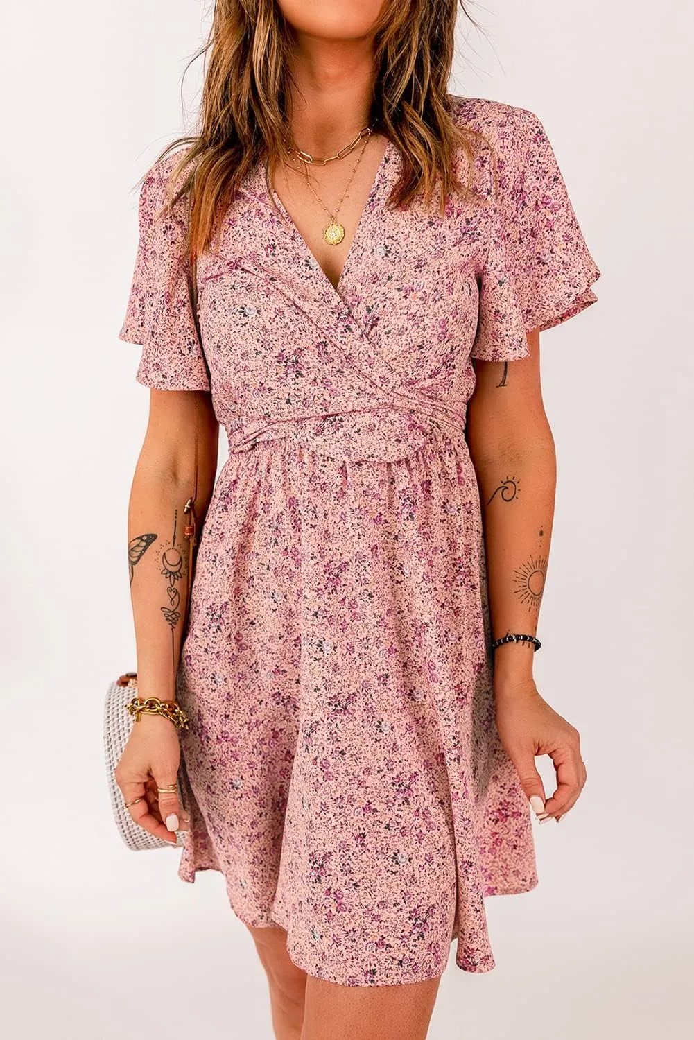 Meufam Women's Summer Wrap V Neck Polka Dot Print Ruffle Short Sleeve Mini Floral Dress with Belt