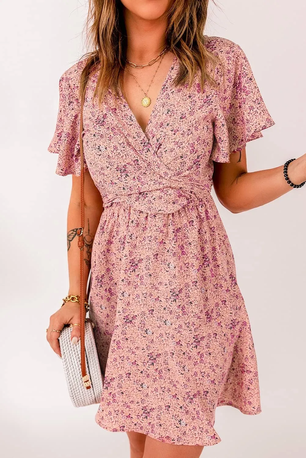 Meufam Women's Summer Wrap V Neck Polka Dot Print Ruffle Short Sleeve Mini Floral Dress with Belt