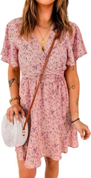 Meufam Women's Summer Wrap V Neck Polka Dot Print Ruffle Short Sleeve Mini Floral Dress with Belt