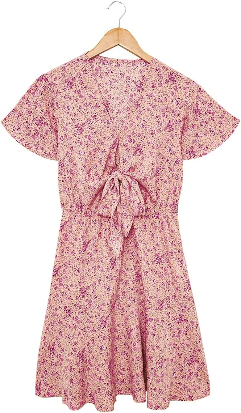 Meufam Women's Summer Wrap V Neck Polka Dot Print Ruffle Short Sleeve Mini Floral Dress with Belt