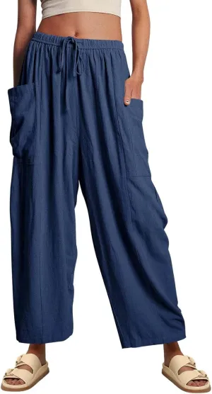 Miyaomn Women's Linen Baggy Wide Leg Pants Casual Drawstring Waisted Palazzo Harem Pants Lightweight Beach Trousers Pockets