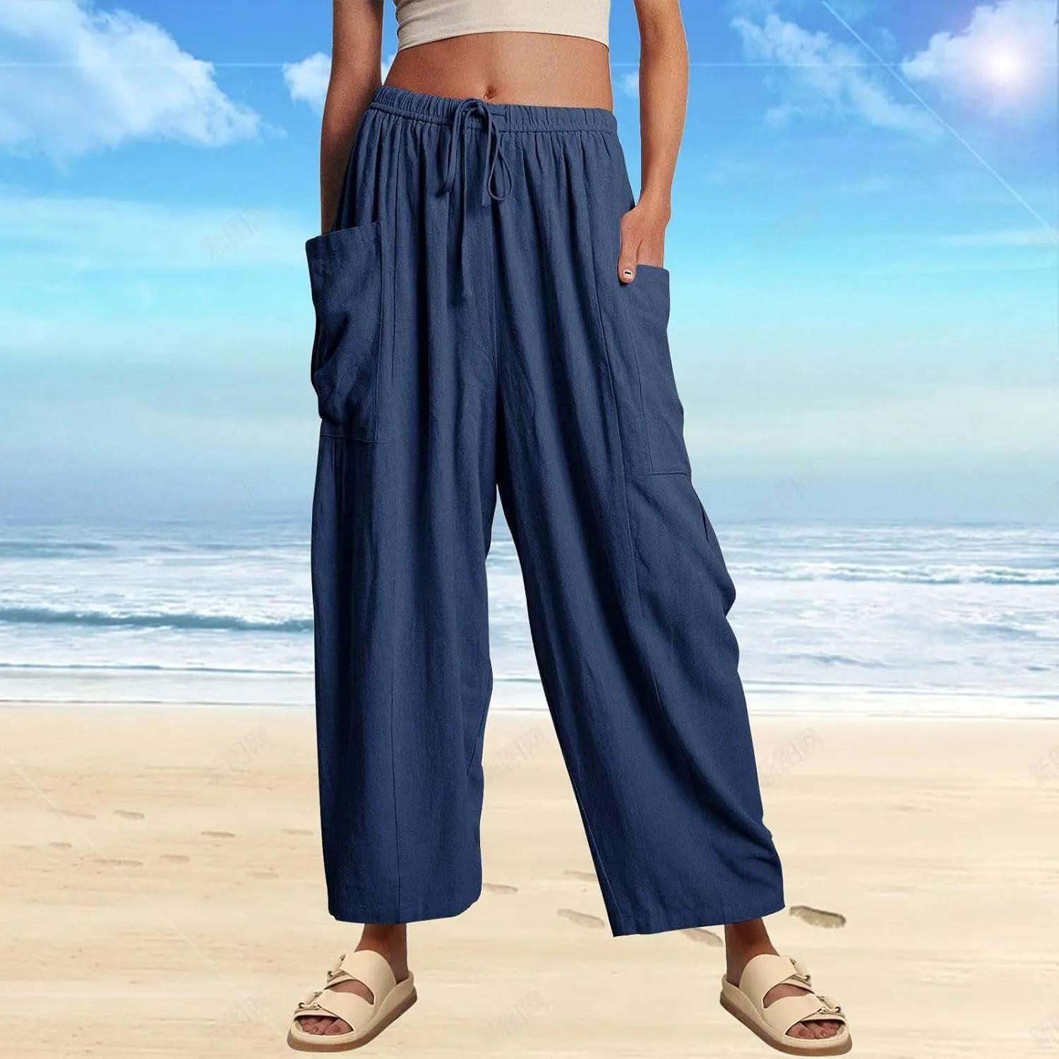 Miyaomn Women's Linen Baggy Wide Leg Pants Casual Drawstring Waisted Palazzo Harem Pants Lightweight Beach Trousers Pockets