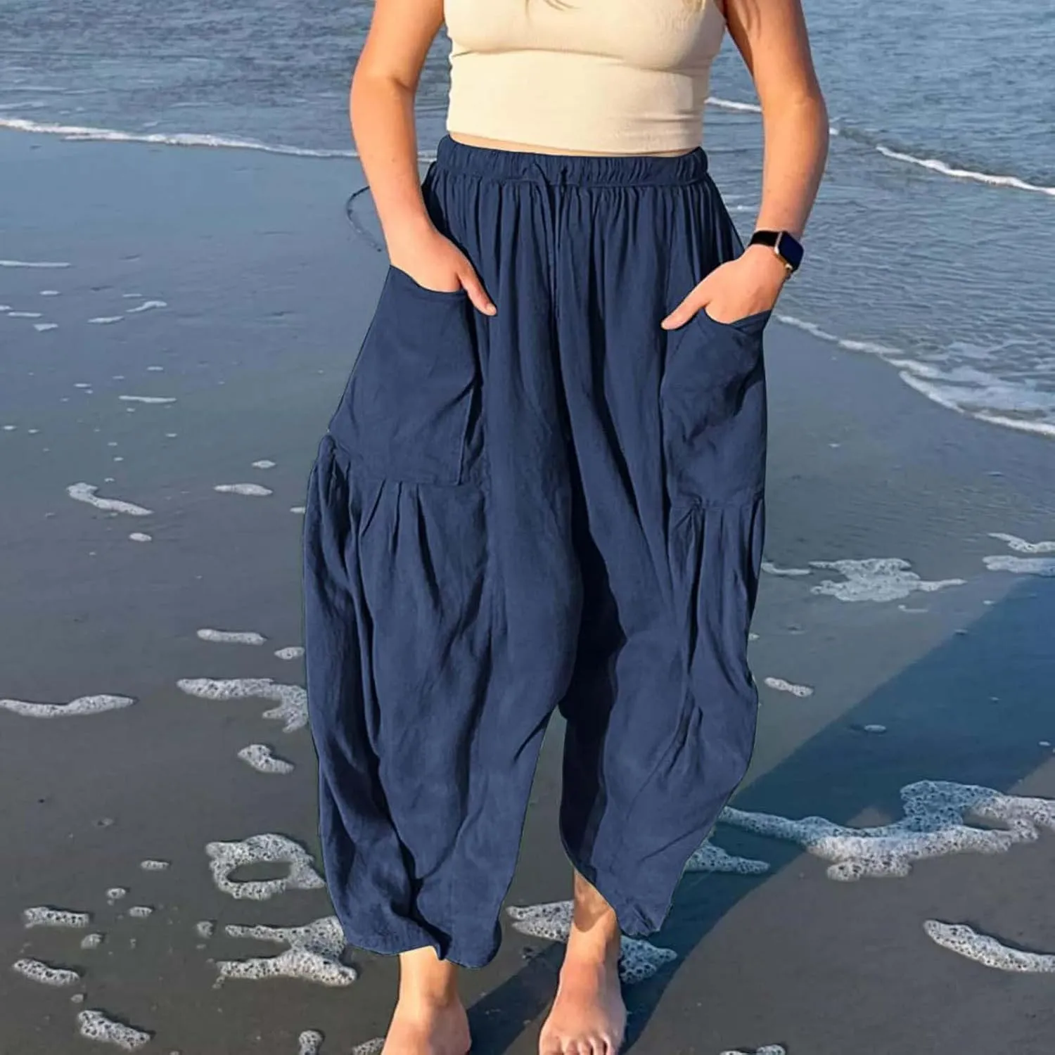Miyaomn Women's Linen Baggy Wide Leg Pants Casual Drawstring Waisted Palazzo Harem Pants Lightweight Beach Trousers Pockets