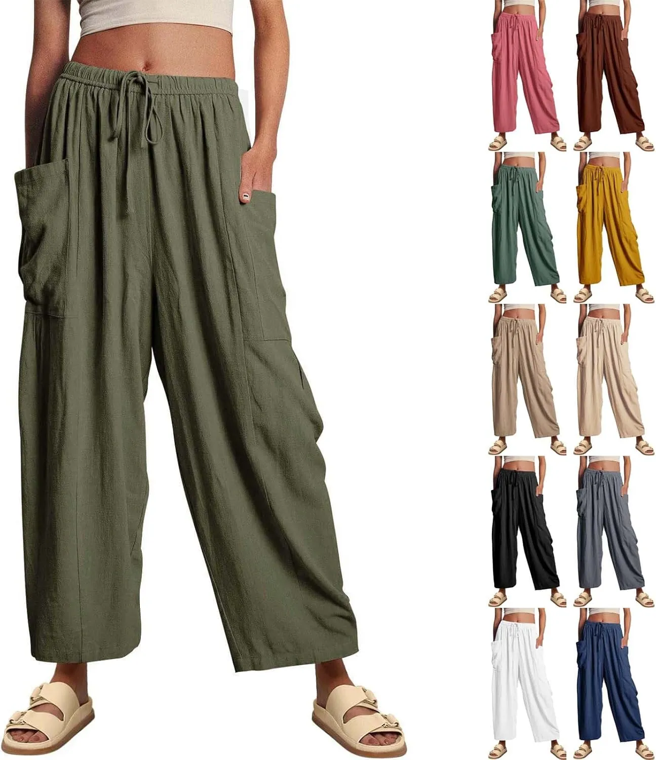 Miyaomn Women's Linen Baggy Wide Leg Pants Casual Drawstring Waisted Palazzo Harem Pants Lightweight Beach Trousers Pockets