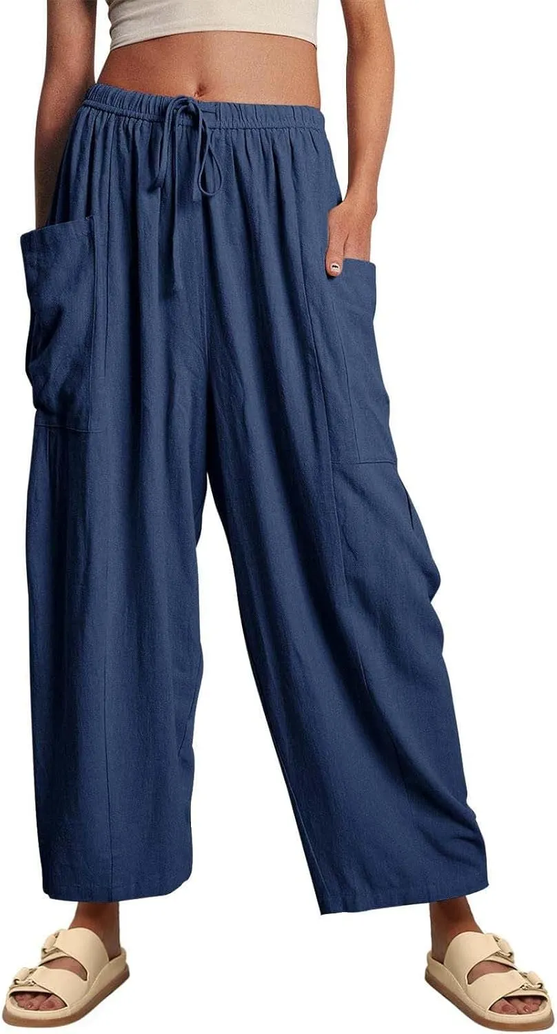 Miyaomn Women's Linen Baggy Wide Leg Pants Casual Drawstring Waisted Palazzo Harem Pants Lightweight Beach Trousers Pockets