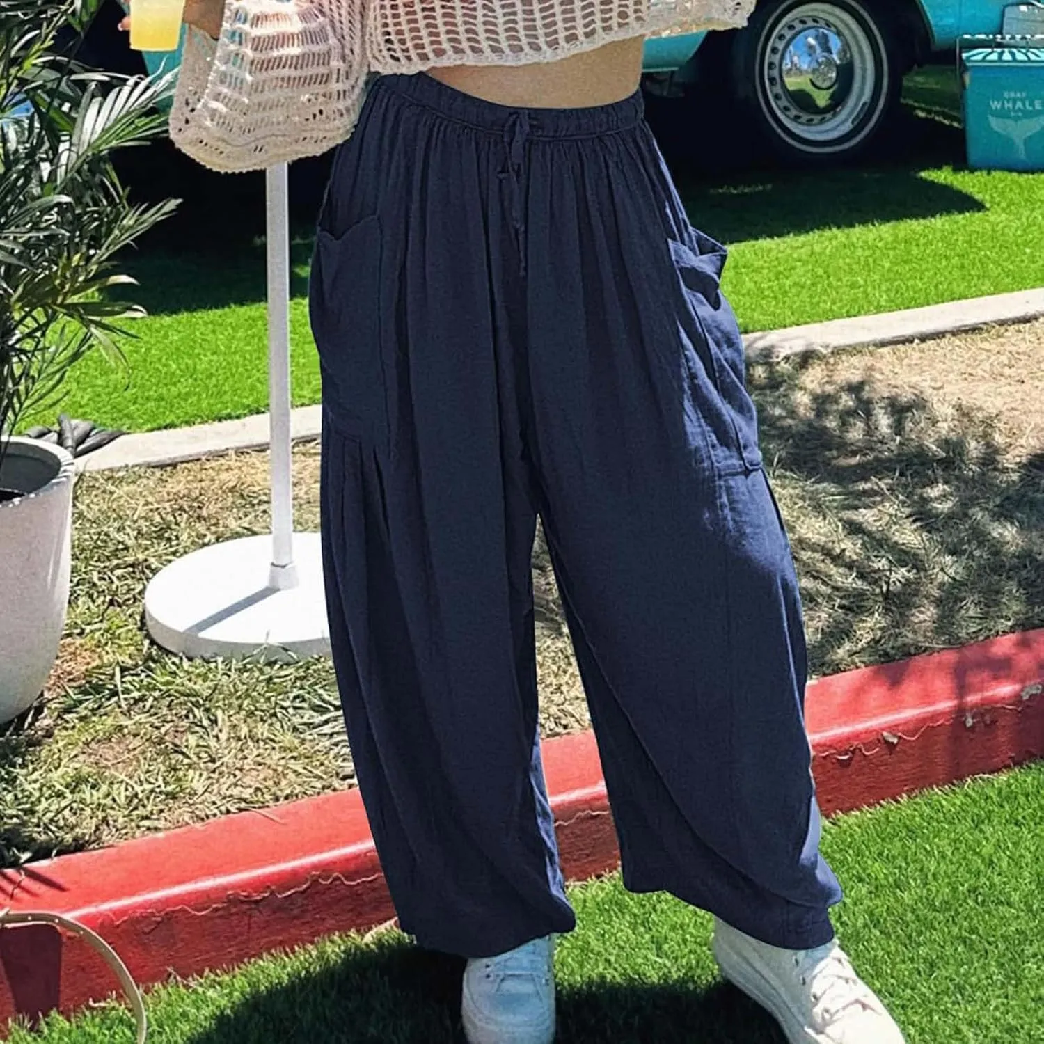 Miyaomn Women's Linen Baggy Wide Leg Pants Casual Drawstring Waisted Palazzo Harem Pants Lightweight Beach Trousers Pockets