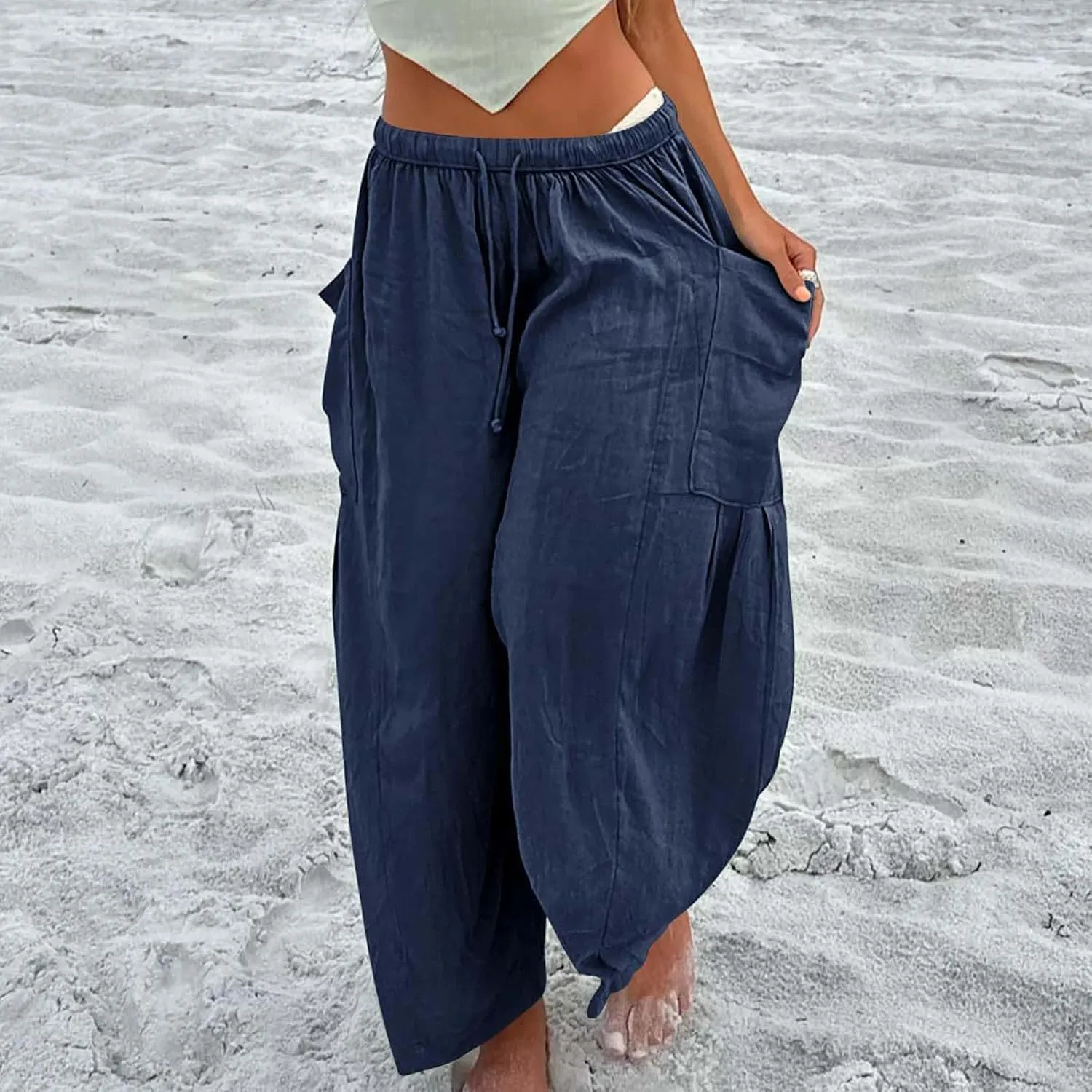 Miyaomn Women's Linen Baggy Wide Leg Pants Casual Drawstring Waisted Palazzo Harem Pants Lightweight Beach Trousers Pockets