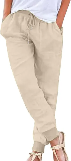 Miyaomn Women's Tapered Pants Cotton Linen Joggers Drawstring Elastic Waist Lounge Petite Pants Casual Trousers with Pockets