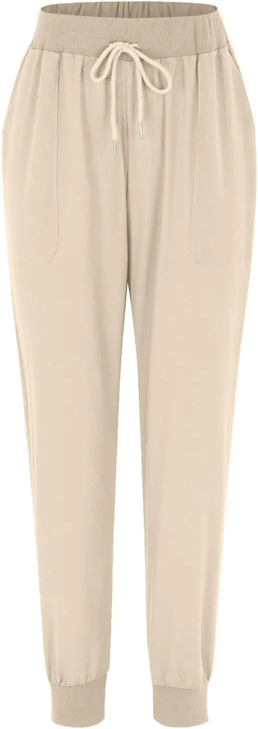 Miyaomn Women's Tapered Pants Cotton Linen Joggers Drawstring Elastic Waist Lounge Petite Pants Casual Trousers with Pockets