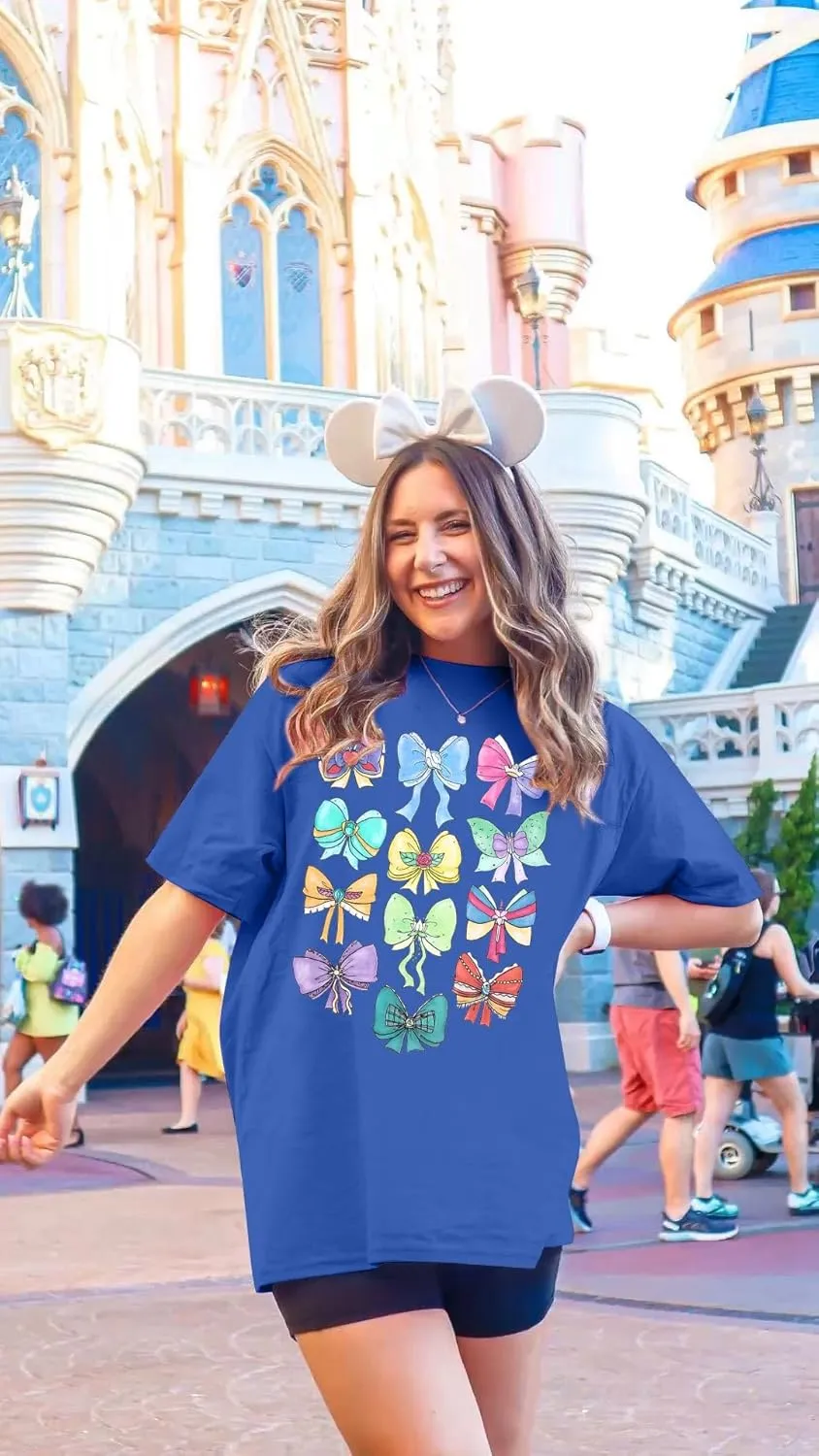 MNLYBABY Magical Princess Bow Shirt Women Oversized Magic Kingdom Princess Shirt Cute Ribbons and Bows Family Holiday Tee Top