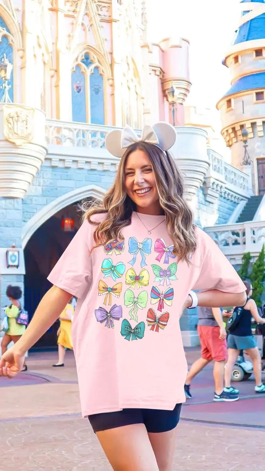 MNLYBABY Magical Princess Bow Shirt Women Oversized Magic Kingdom Princess Shirt Cute Ribbons and Bows Family Holiday Tee Top