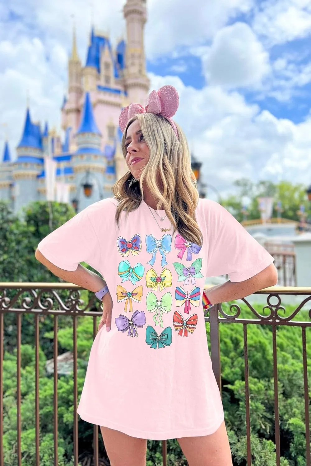MNLYBABY Magical Princess Bow Shirt Women Oversized Magic Kingdom Princess Shirt Cute Ribbons and Bows Family Holiday Tee Top