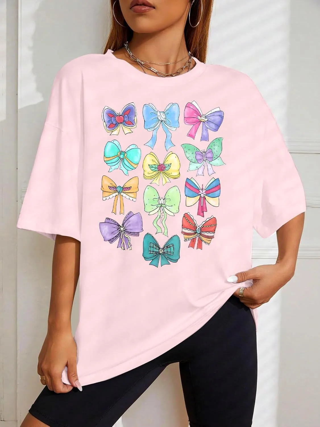 MNLYBABY Magical Princess Bow Shirt Women Oversized Magic Kingdom Princess Shirt Cute Ribbons and Bows Family Holiday Tee Top