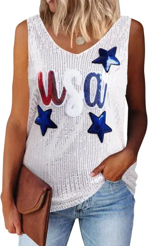 MNLYBABY USA Sequin Tank Top Woman 4th of July Shirts American Flag Sleeveless USA Stars Full Sequin Patriotic V Neck Vest