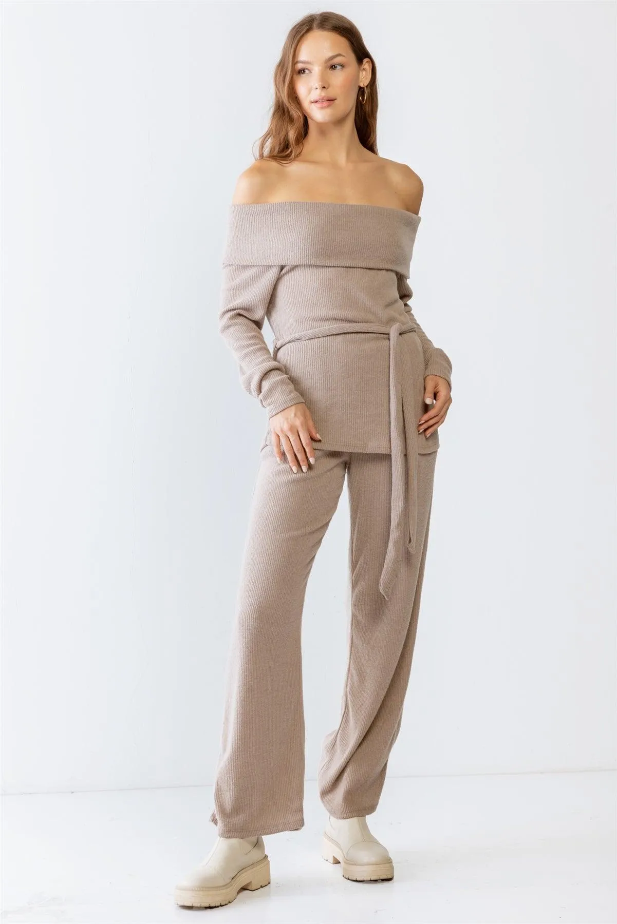 Mocha Ribbed Soft To Touch Off-The-Shoulder Belted Top & Two Pocket High Waist Pants Set S-M-L/1-2-2