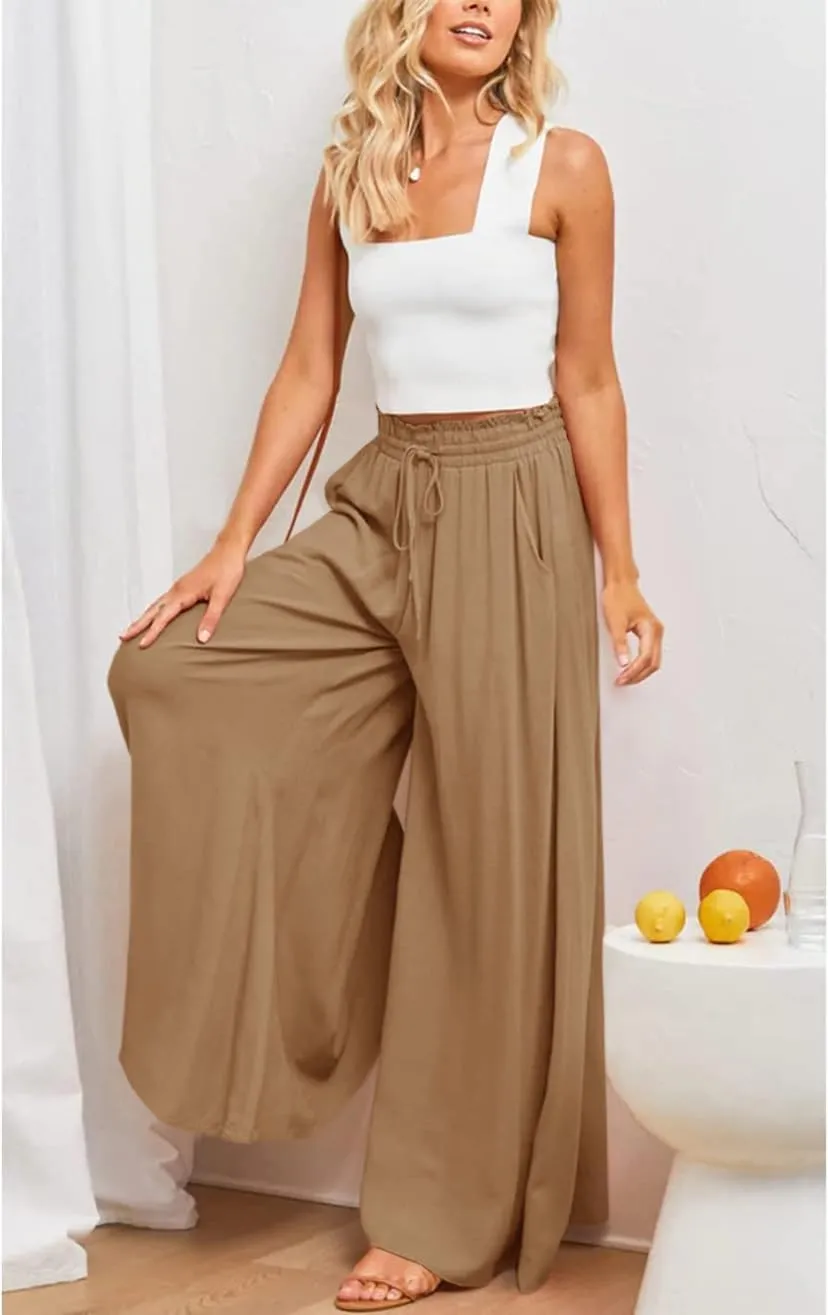 Muchpow Women's Wide Leg Drawstring Pants Elastic Waisted Casual Palazzo Trousers with Pockets