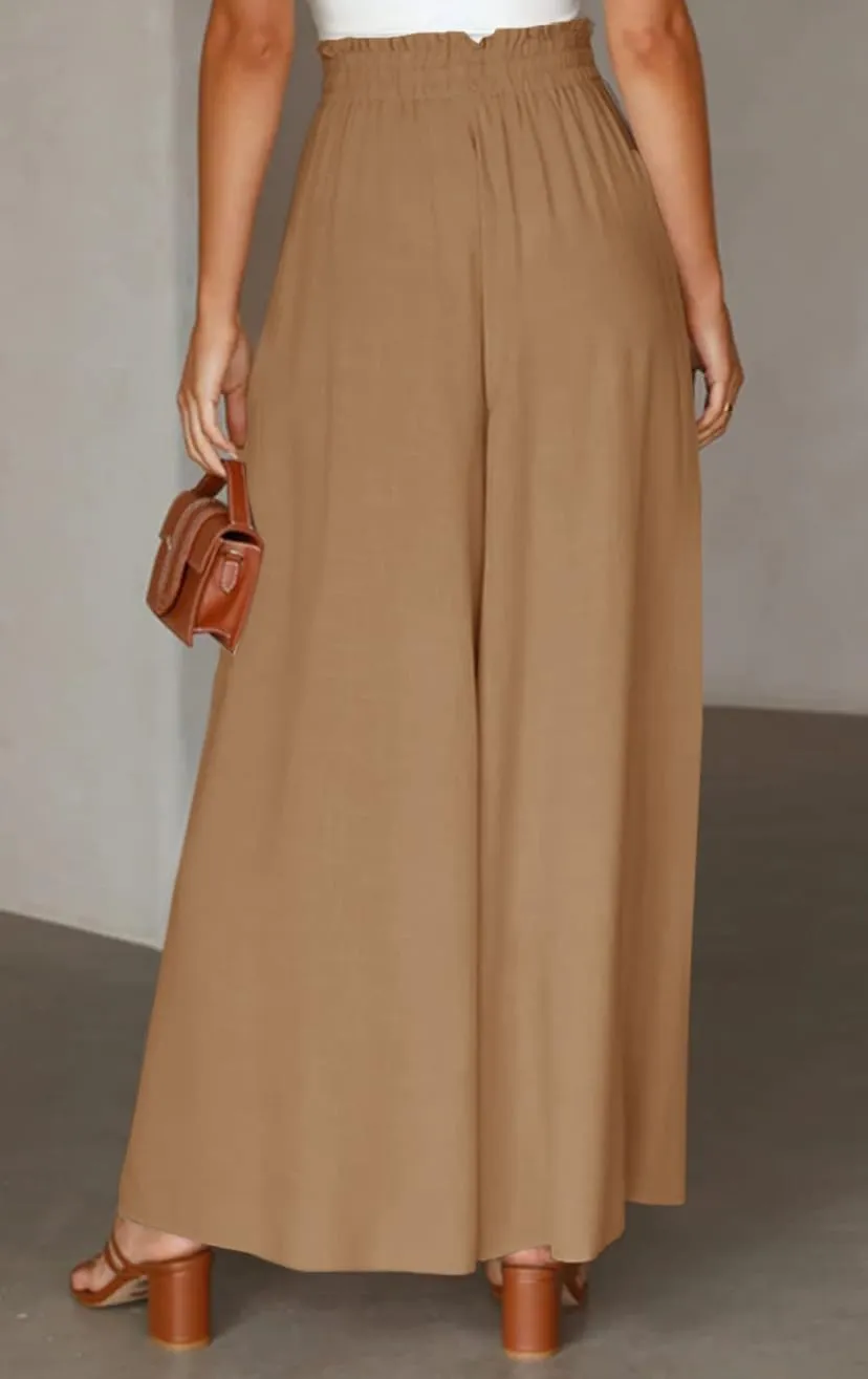 Muchpow Women's Wide Leg Drawstring Pants Elastic Waisted Casual Palazzo Trousers with Pockets