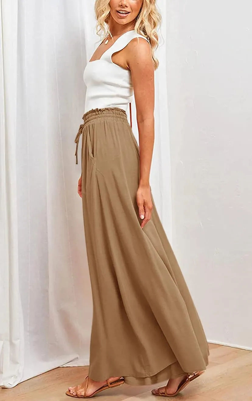 Muchpow Women's Wide Leg Drawstring Pants Elastic Waisted Casual Palazzo Trousers with Pockets