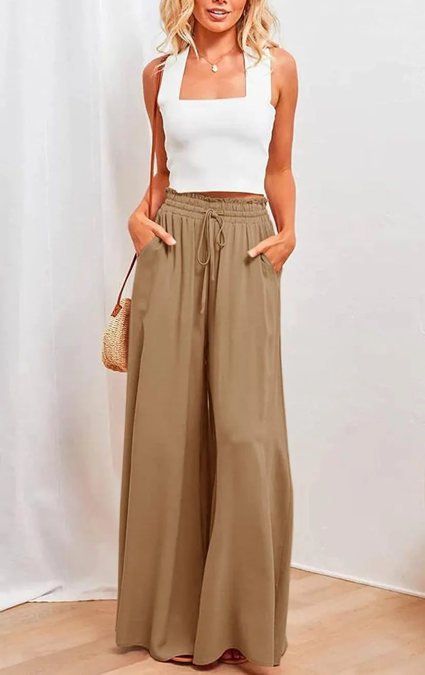 Muchpow Women's Wide Leg Drawstring Pants Elastic Waisted Casual Palazzo Trousers with Pockets