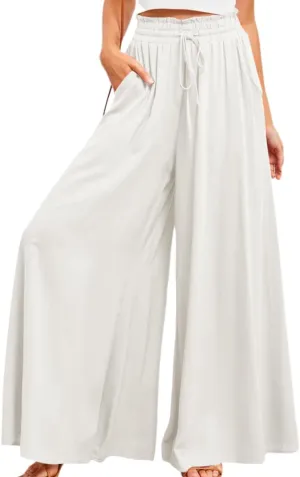 Muchpow Women's Wide Leg Drawstring Pants Elastic Waisted Casual Palazzo Trousers with Pockets