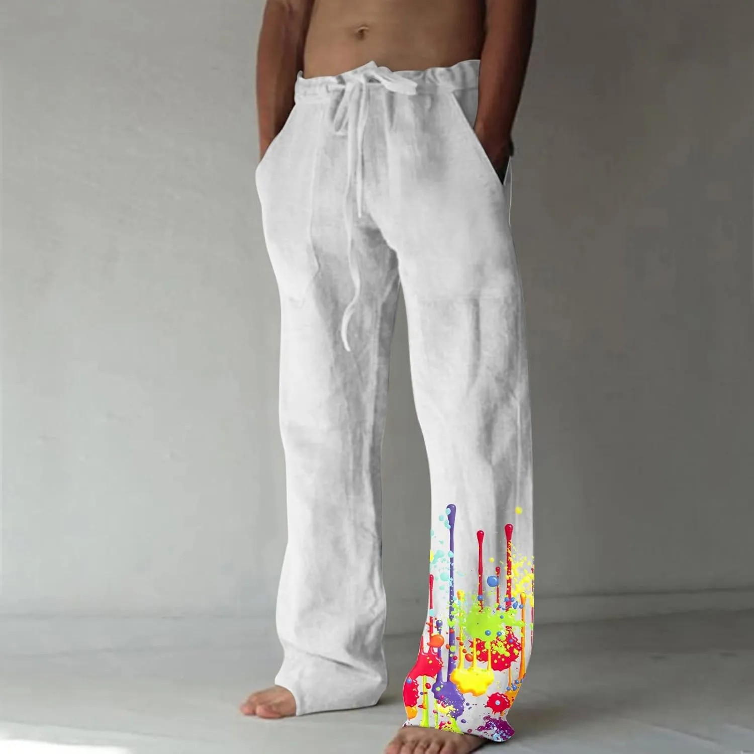 Muscularfit Cotton Pants for Men 2023 Casual Loose Drawstring Elastic Waist Solid Trousers Fashion Print Straight Legs Pocket