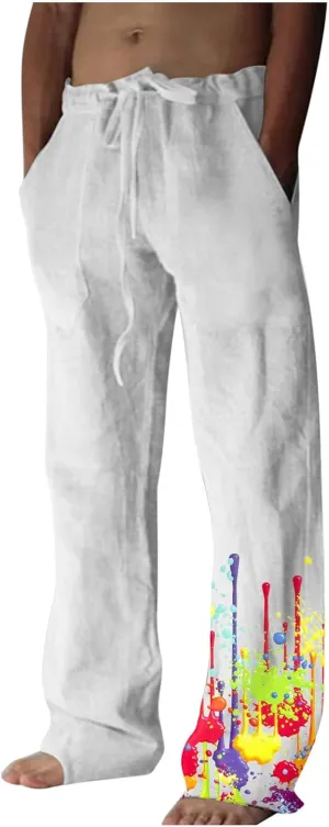 Muscularfit Cotton Pants for Men 2023 Casual Loose Drawstring Elastic Waist Solid Trousers Fashion Print Straight Legs Pocket