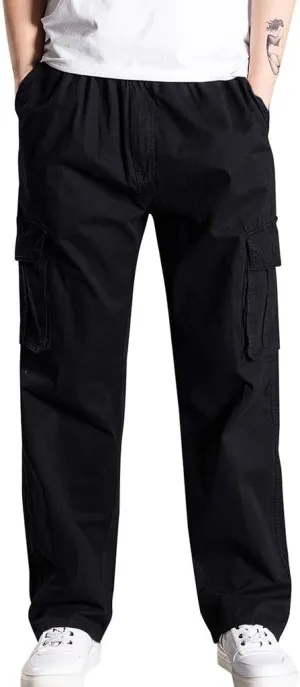 Muscularfit Men's Athletic Pants Casual Elastic Waist Linen Pants Regular Big and Tall Multi Pockets Solid Cargo Pants 2023