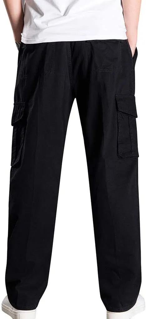Muscularfit Men's Athletic Pants Casual Elastic Waist Linen Pants Regular Big and Tall Multi Pockets Solid Cargo Pants 2023
