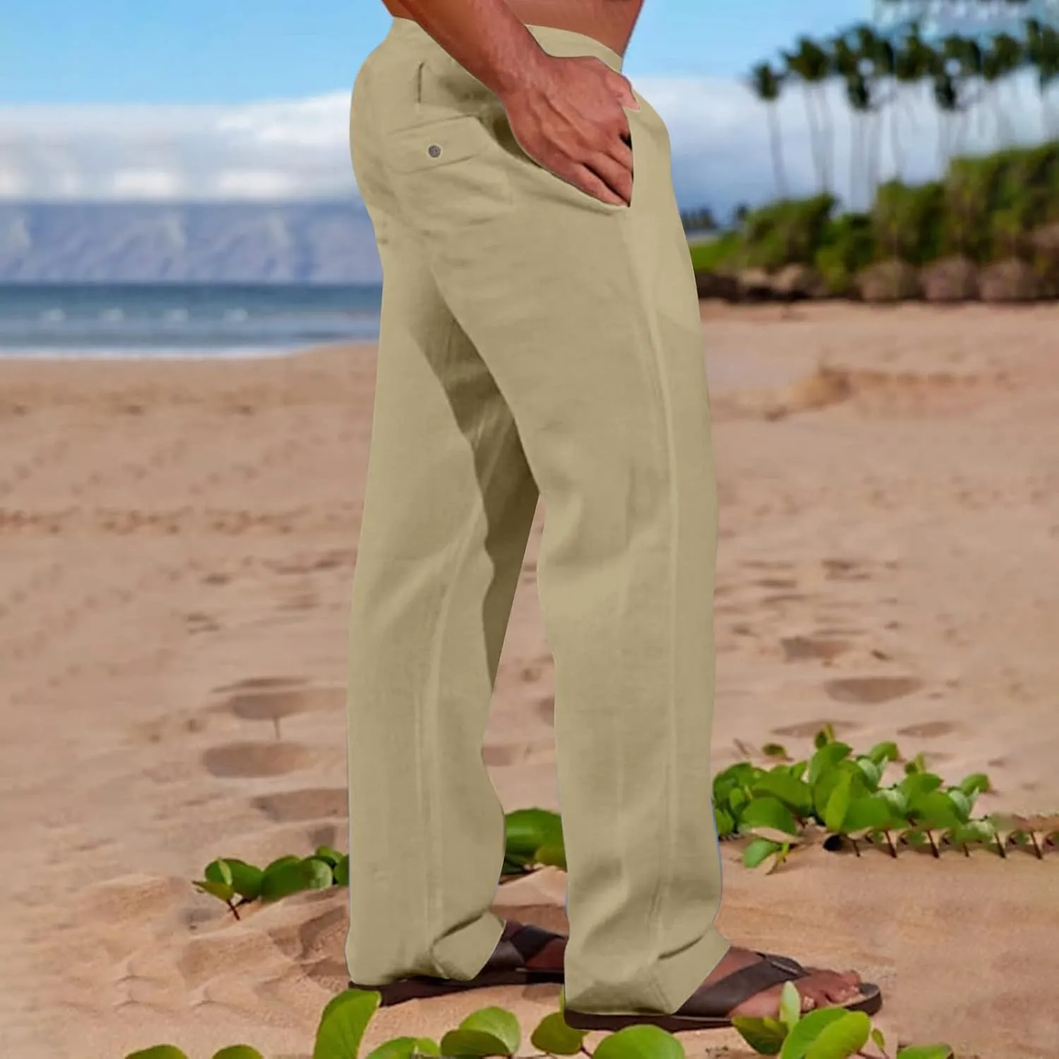 Muscularfit Mens Linen Pants Casual Elastic Waist Solid Straight Legs Big and Tall Drawstring Trousers Loose Fit Work Pant