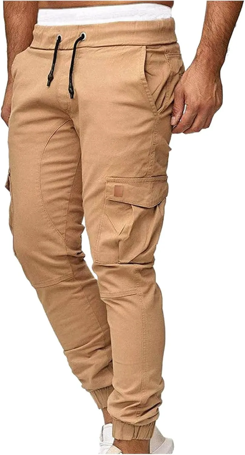 Muscularfit Mens Pants Khaki Slim Fit Drawstring Elastic Waist Loose Trouser Jogger Athletic Slacks Tapered Casual Sweatpants