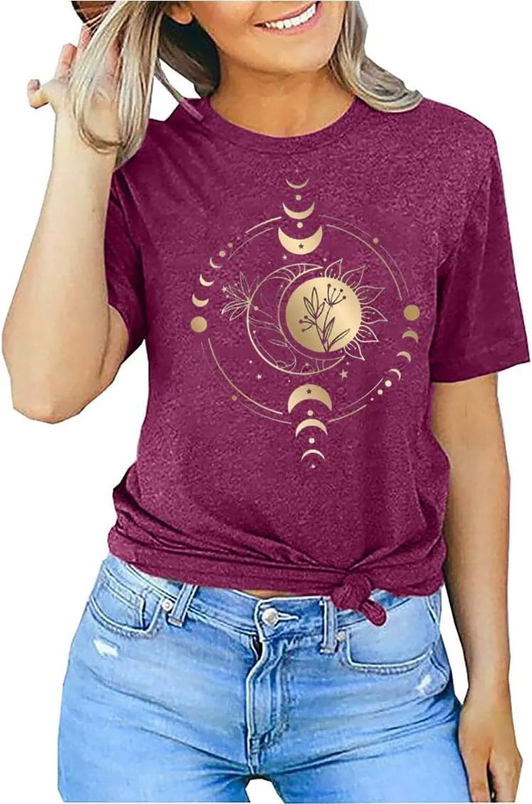 Mystic Moon and Sun Shirt Women Mystical Moon Phase Tshirt Boho Vintage Moon Graphic Tee Celestial Moon Tops