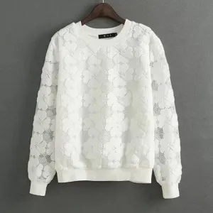 New 2017 Round Neck Hedging Sweatshirt Women Lace Hollow Out Female Hoodies All-Match Bottoming Sudaderas S~XL Moletom Feminina
