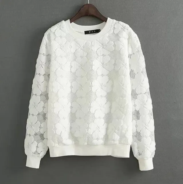 New 2017 Round Neck Hedging Sweatshirt Women Lace Hollow Out Female Hoodies All-Match Bottoming Sudaderas S~XL Moletom Feminina