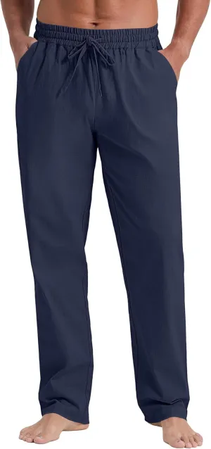 NITAGUT Mens Linen Pants Casual Elastic Waist Drawstring Lightweight Summer Beach Trousers with Pockets